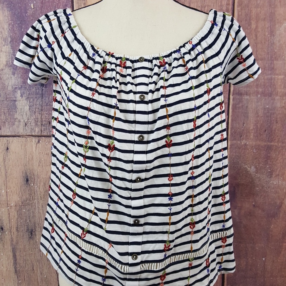 Lucky Brand Striped Embroidered Off The Shoulder